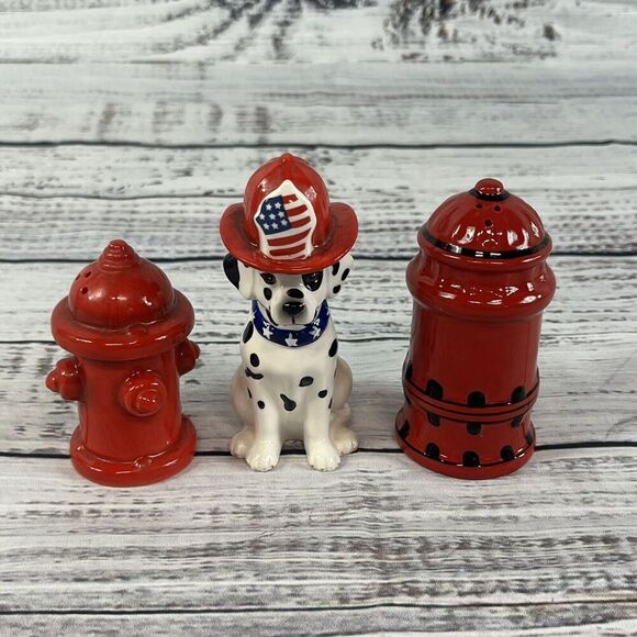 Dalmatian Dog Fire Hydrant Fireman Magnetic Salt & Pepper Shakers 3pc Set - Picture 2 of 10
